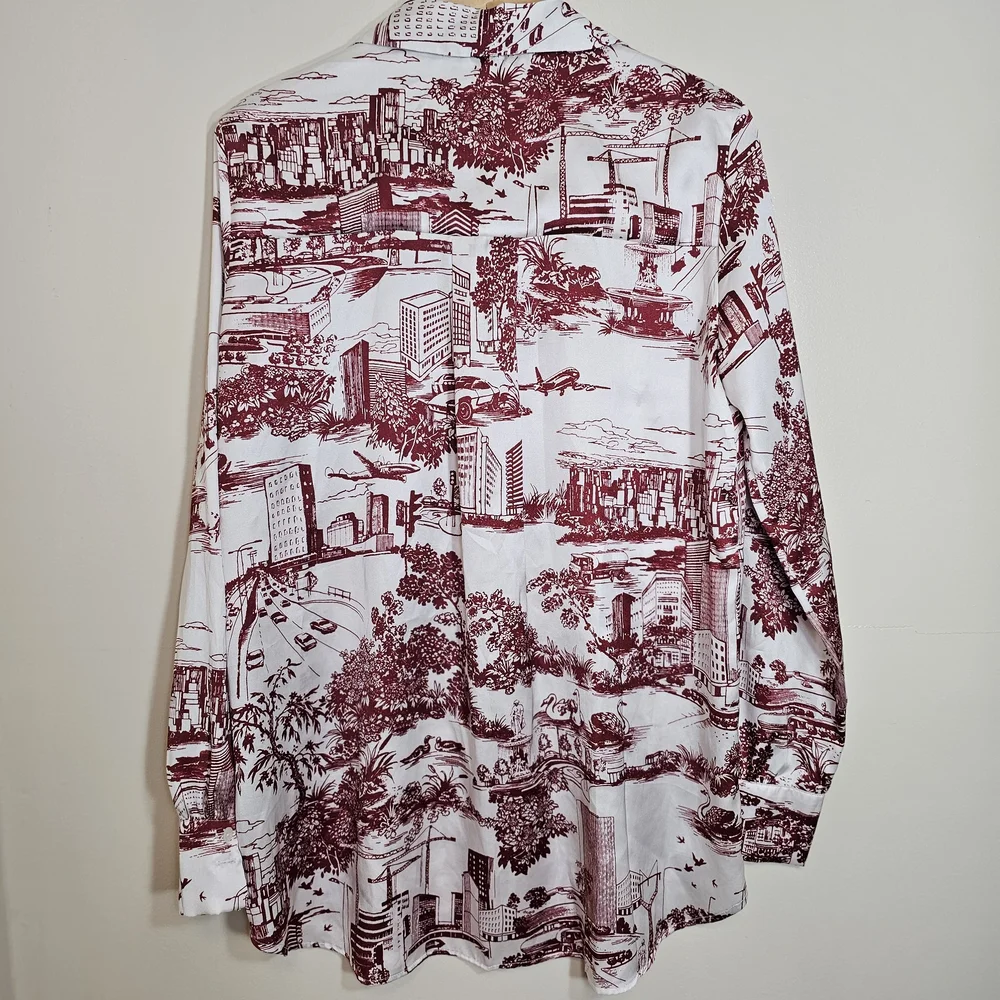 Zara Women’s White Red Toile Scenic Print Button-Down Blouse Size M Chic Classic - Picture 3 of 11